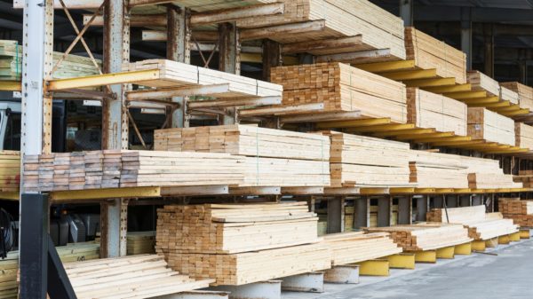 Warehouse at a lumberyard with stacks of construction material on shelves.